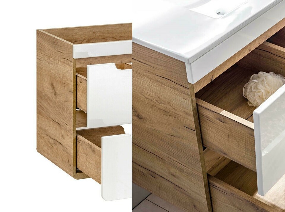 image 1 of Small Bathroom Vanity with Sink Wall Hung Unit 400mm Cloakroom Cabinet with Drawers White Gloss Oak Aruba