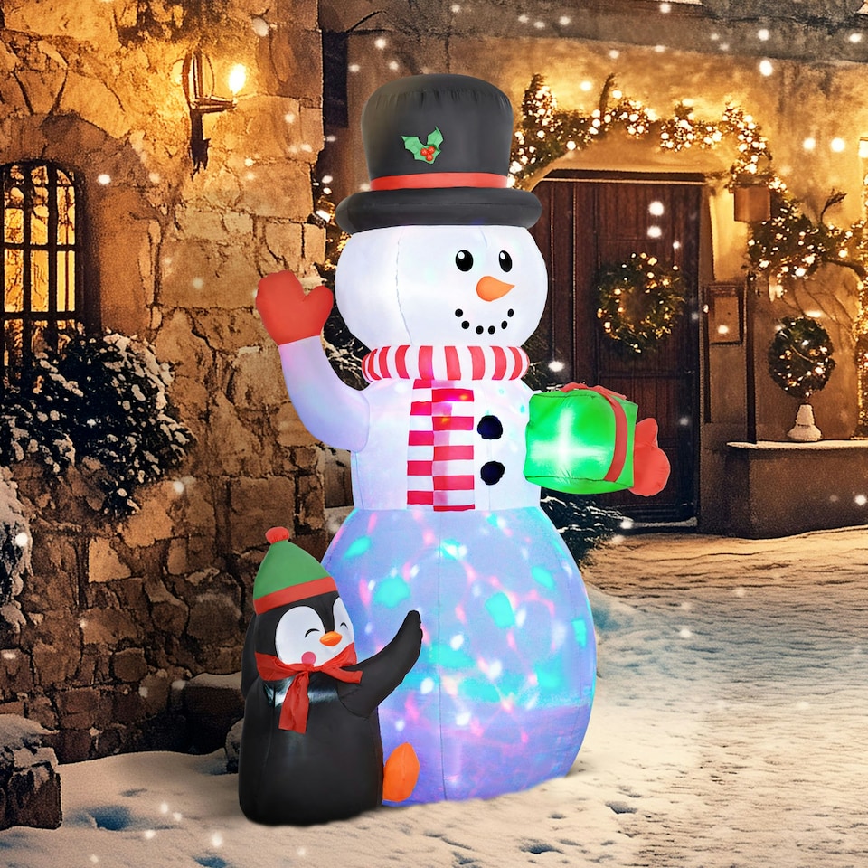 image 1 of Outsunny 8FT Inflatable Snowman Holding Gift Box w/ Penguin and LED Lights