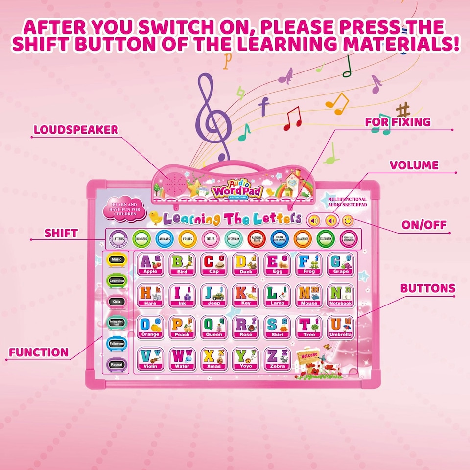 image 1 of Kids Audio WordPad Interactive Talking Educational Poster for Toddlers Learn Alphabet Numbers Animals Shapes and More