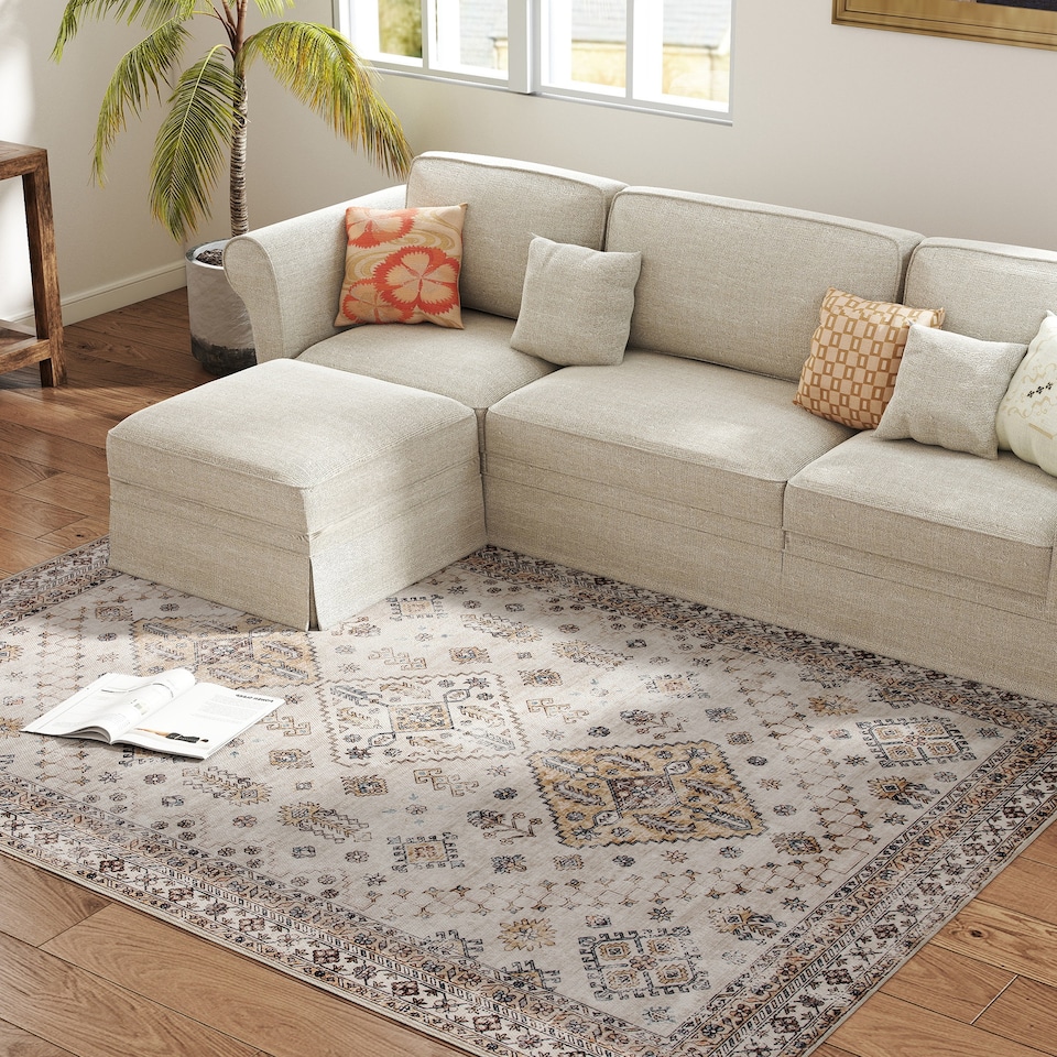 image 1 of HOMCOM Vintage Area Rug, Non-Slip Washable Rug, Flannel Floor Carpet for Living Room, Bedroom, Dining Room, Home Office, 230 x 160 cm, Beige