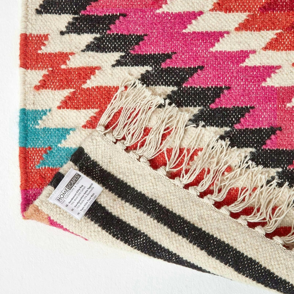 image 1 of Homescapes Manila Handwoven Diamond Kilim Wool Hall Runner - 66 x 200 cm | Pink | Pink, orange, blue, white and black