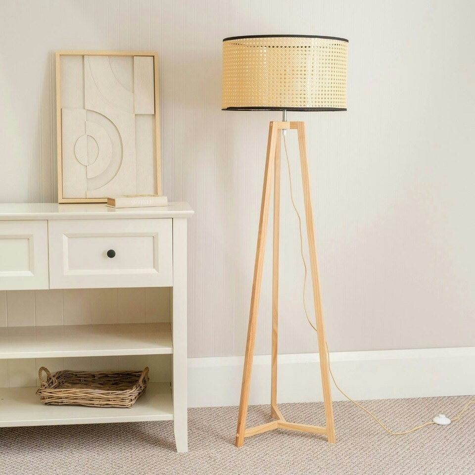 image 1 of ValueLights Lottie Natural Wood Tripod Floor Lamp with Natural Cane Drum Shade