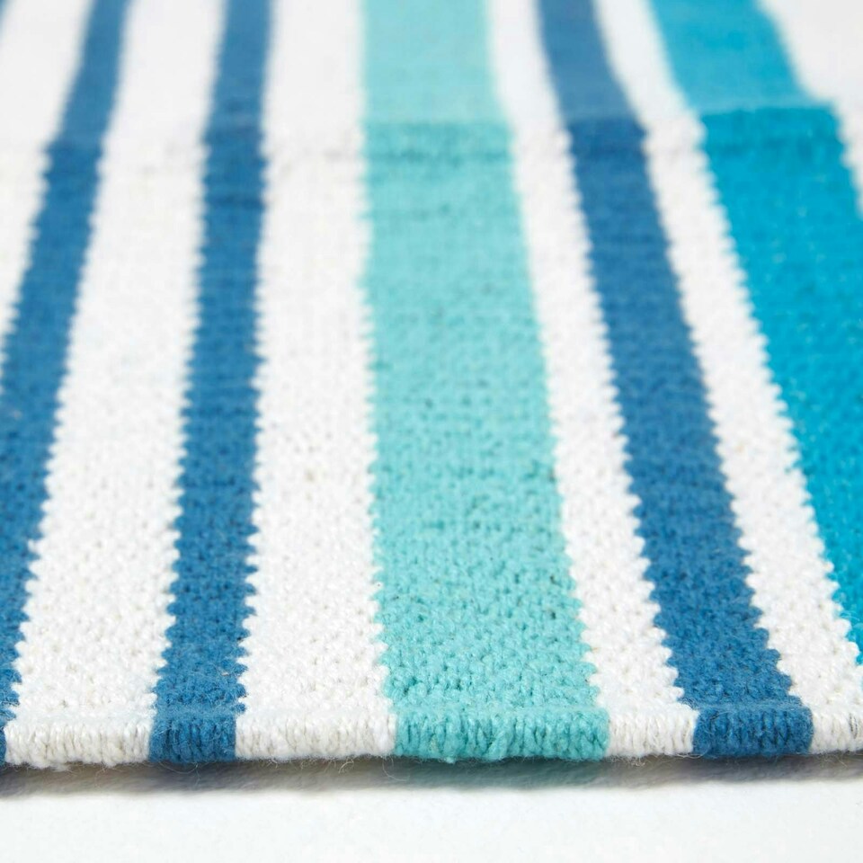 image 1 of Homescapes Modern Blue Scandinavian Style Striped Cotton Rug - 90 x 150 cm Blue | 90 x 150 cm
