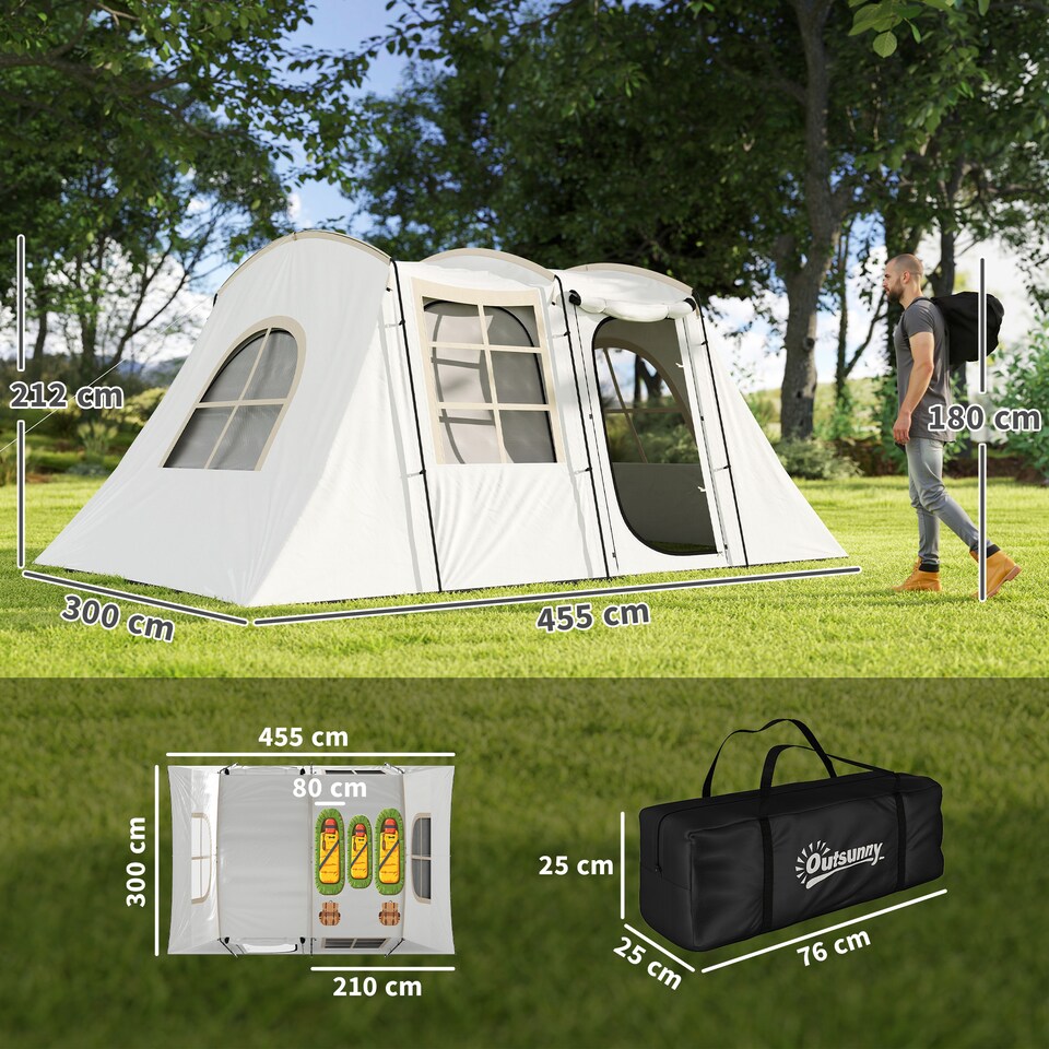 image 1 of Outsunny 3-4 Man Tunnel Tent with Sewn in Floor, 3000mm Waterproof | Cream | Khaki