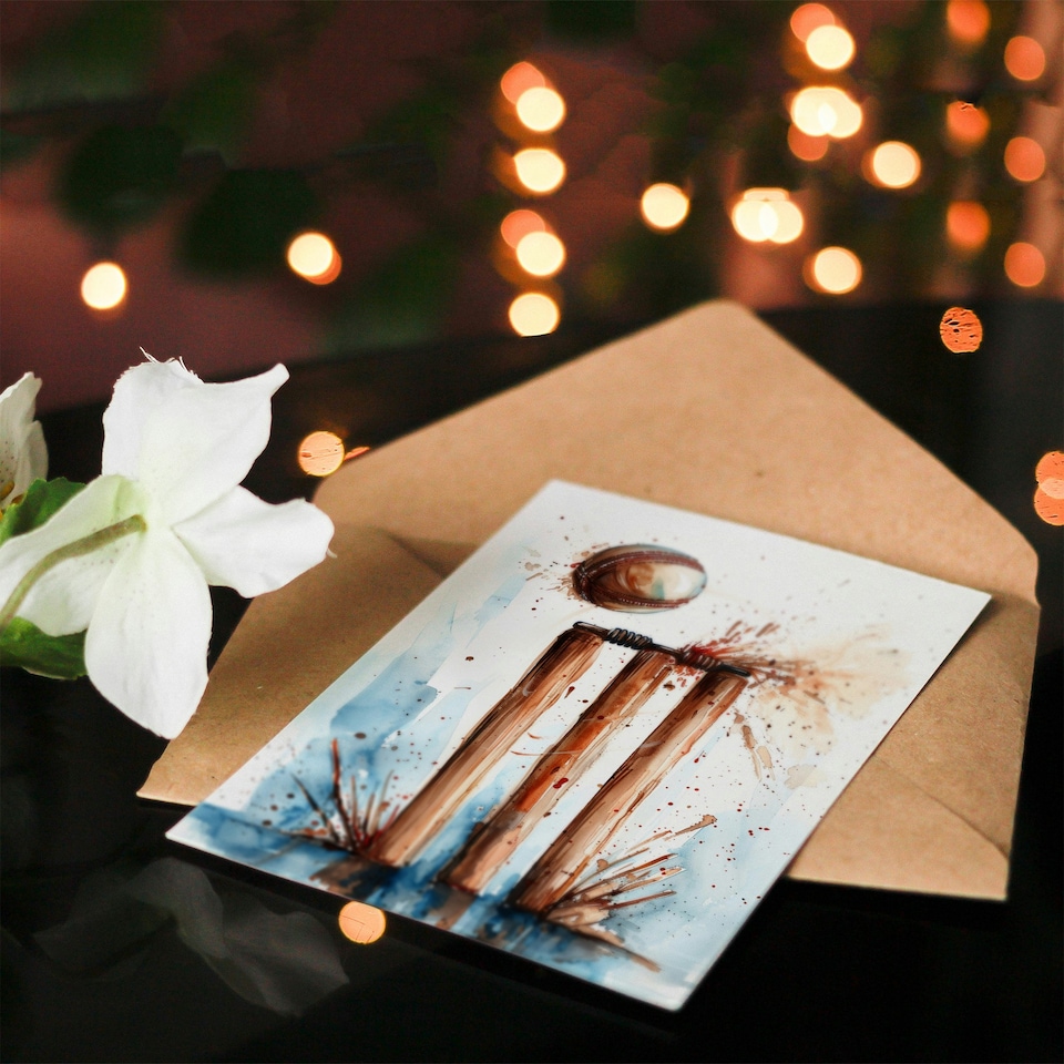image 1 of Cricket Ball and Wicket Watercolour Painting Sport Greeting Card