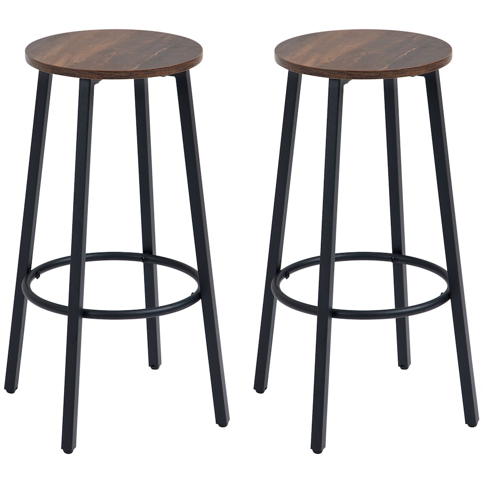 image 1 of HOMCOM Bar Stools, Set of 2 Kitchen Breakfast Stools with Sturdy Steel Frame, Industrial Tall Bar Chairs, 65cm High Seat, Rustic Brown