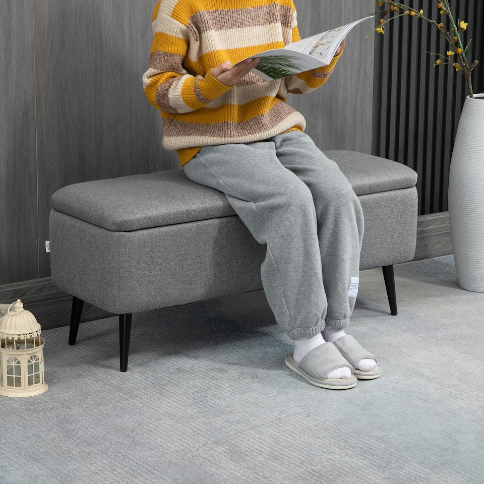 image 1 of HOMCOM Storage Ottoman Bench, Linen Fabric Footstool with Steel Legs Grey