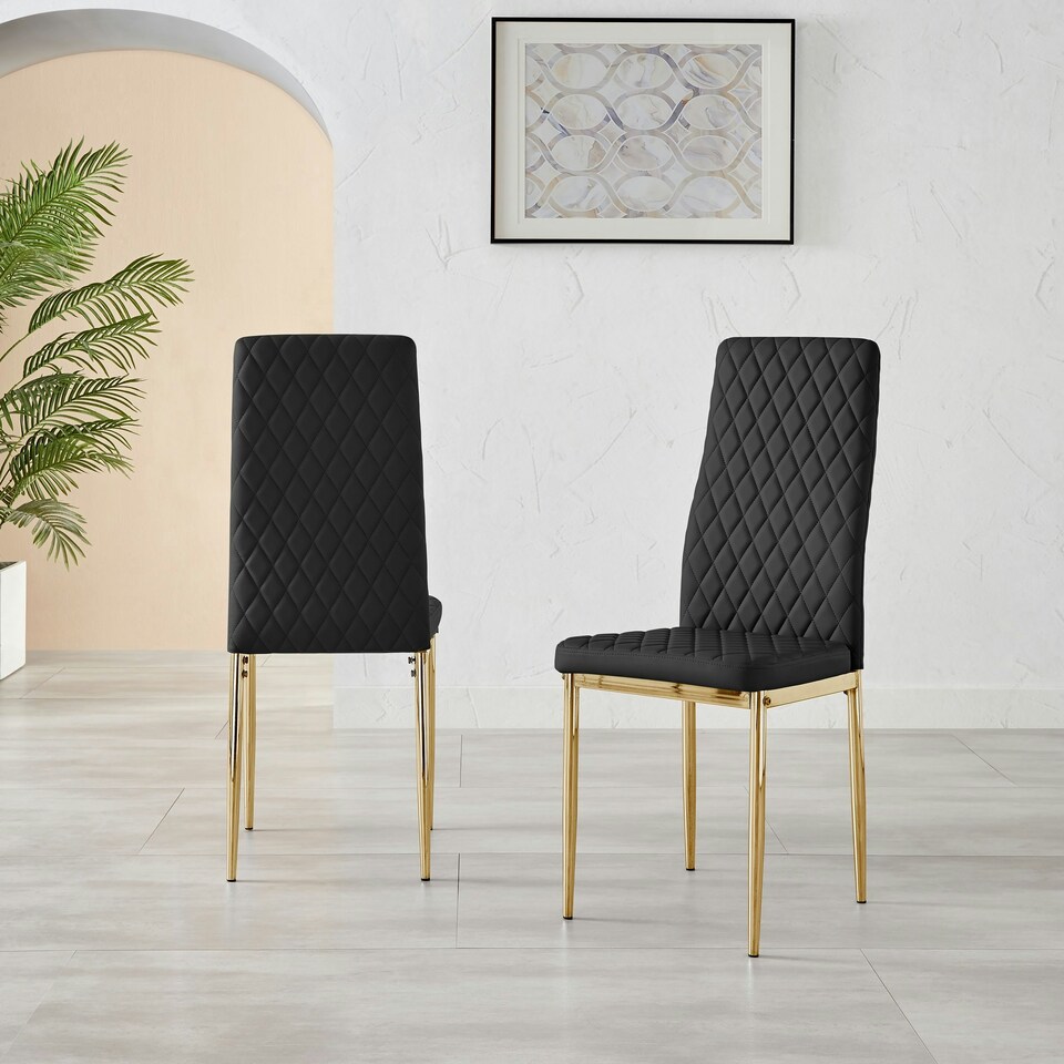image 1 of Furniturebox 4x Milan Black Gold Hatched Faux Leather Dining Chairs
