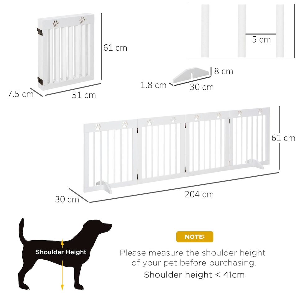 image 1 of PawHut Pet Gate 4 Panel Wooden Dog Barrier Folding Fence w/ Support Feet