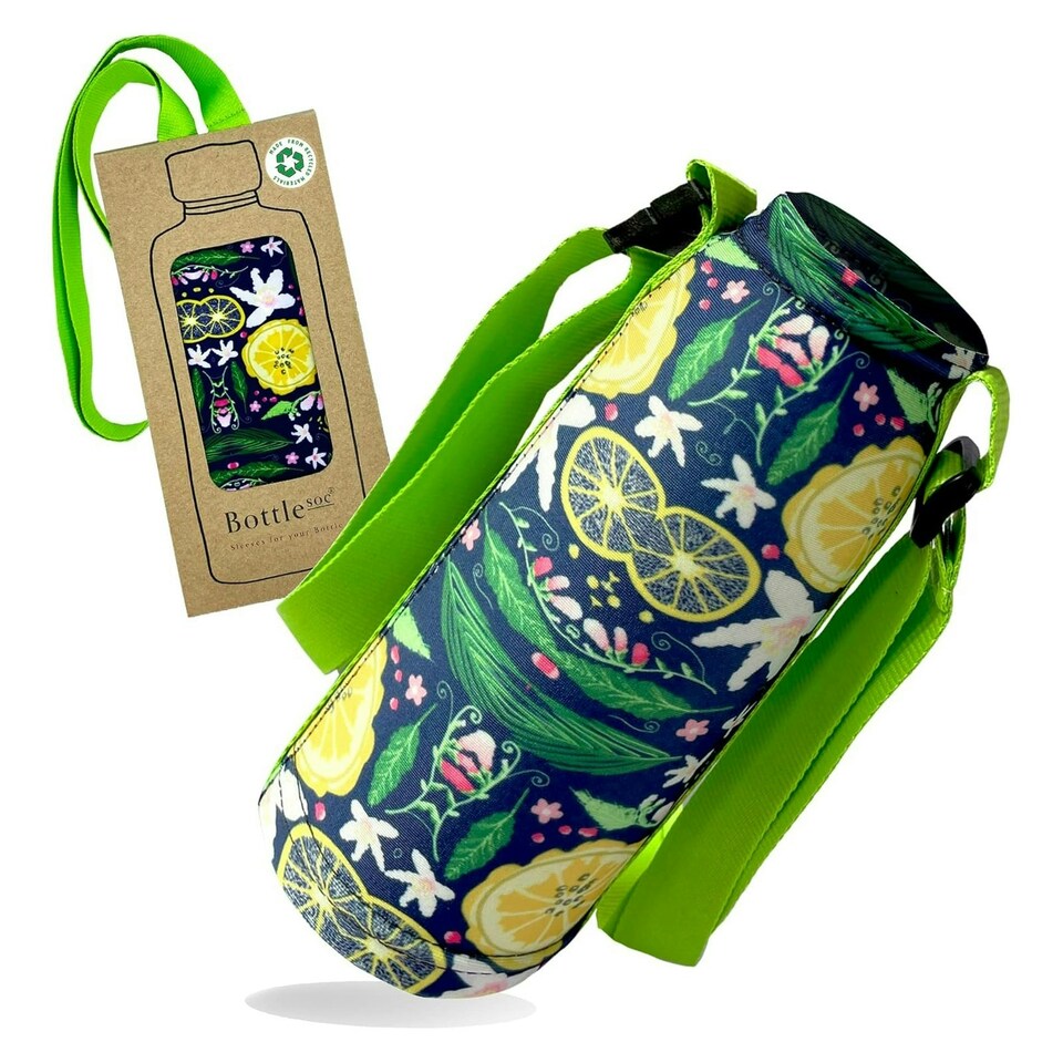 image 1 of Bottlesoc Bottle Carrier with Shoulder Strap Tropical Flower Green | ONE SIZE
