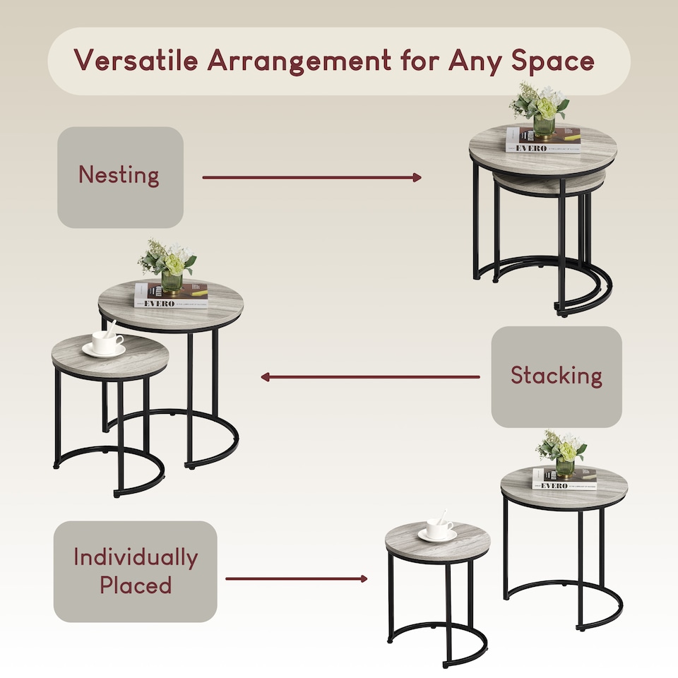 image 1 of Vida Designs Brooklyn Round Nest of Tables 2 Piece Set Nesting Sofa Bedside Side Table, Grey