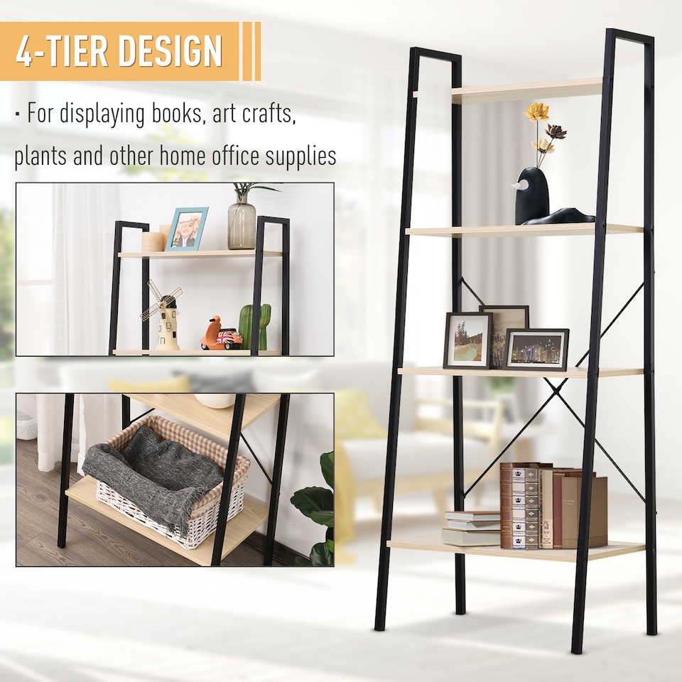 image 1 of HOMCOM Ladder Shelf, Bookshelf, 4-Tier Industrial Storage Rack for Living Room, Bedroom, Kitchen, Oak and Black