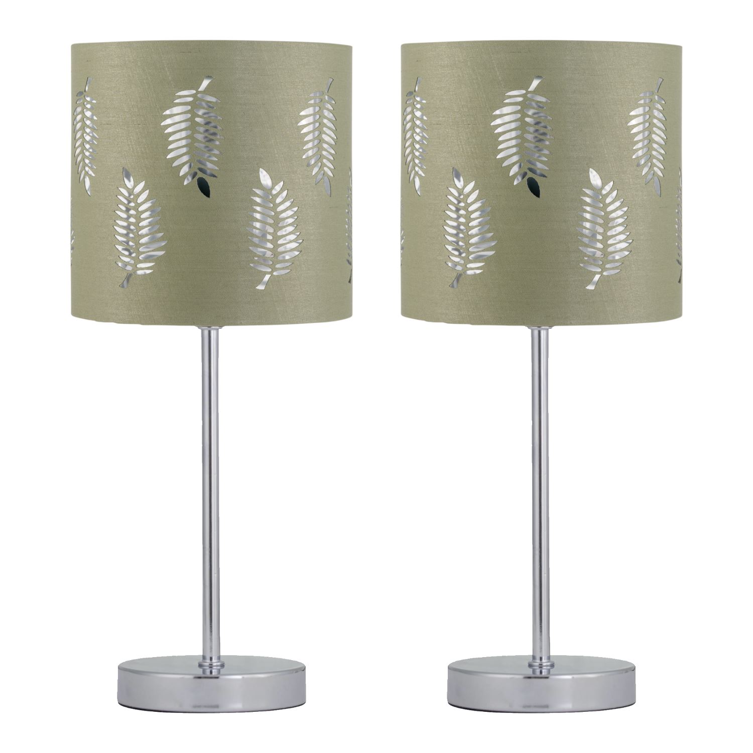 First Choice Lighting Set of 2 Chrome Touch Operated Table Lamps with Sage Green Fern Shades in Silver