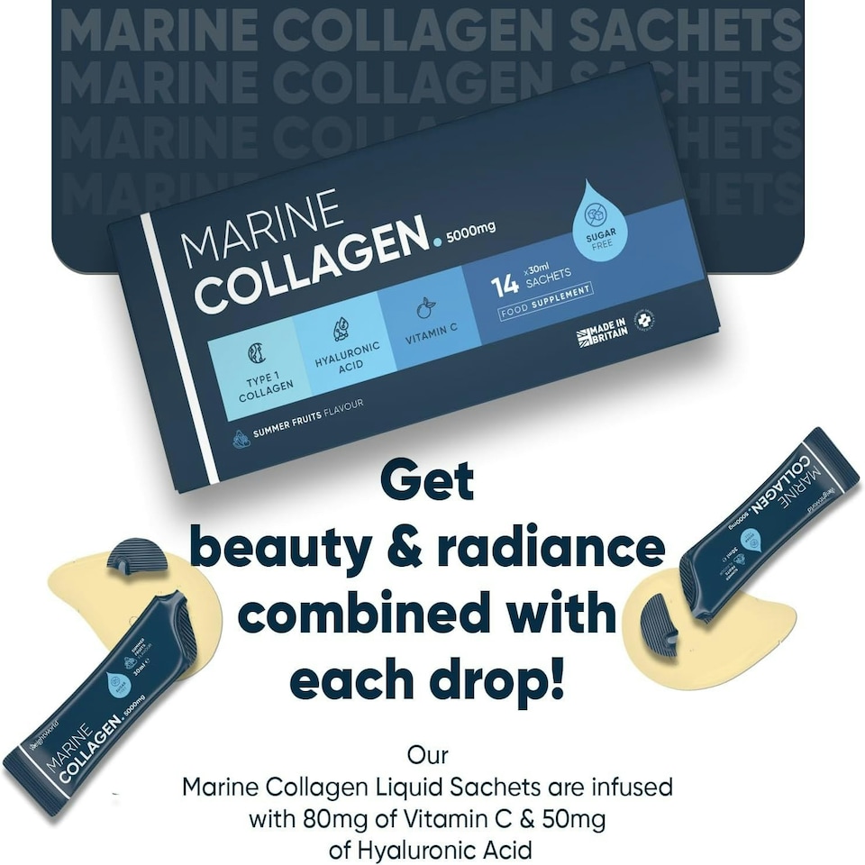 image 1 of Marine Collagen Liquid - 14 Sachets (5000mg Each) - With Vit C & Hyaluronic Acid - Type 1 Collagen