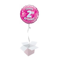 Pink Happy 2nd Birthday Holographic Round Foil Helium Balloon - Inflated Balloon in a Box