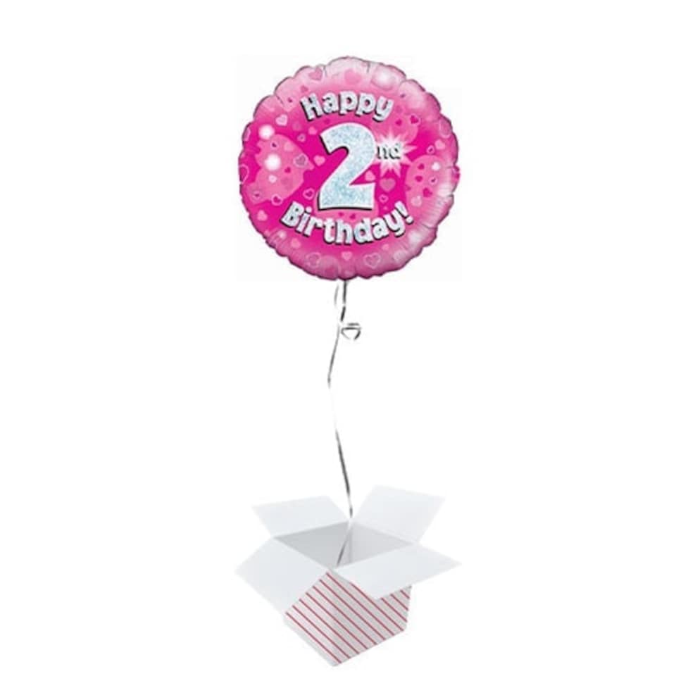 Pink Happy 2nd Birthday Holographic Round Foil Helium Balloon - Inflated Balloon in a Box