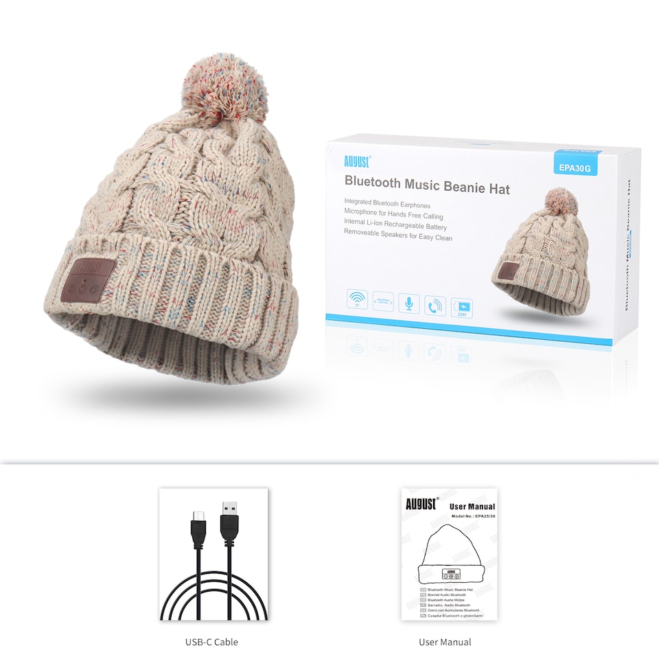 image 1 of Pom Pom Beanie Hat with Rechargeable Bluetooth Wireless Headphones Integrated – Audio, Volume, Call Buttons - Built-In Mic for Hands Free Calls - August EPA30G | Cream | 1