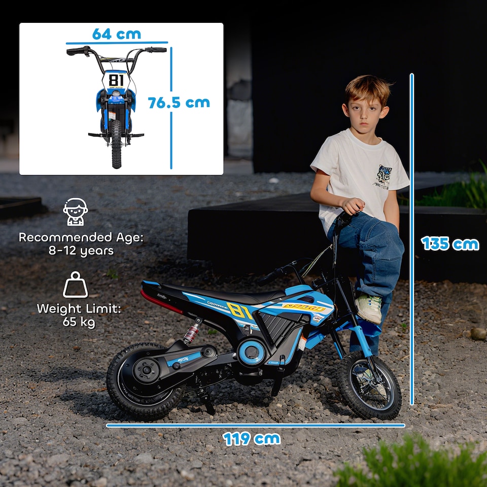 image 1 of AIYAPLAY Kids Electric Motorbike, 24V Battery Powered Dirt Bike with 250W Motor, 6-16km/h, 7AH Batteries, 12" Inflatable Tires and Rear Suspension, Ride On Motorcycle for 8-12 Years Old | Blue