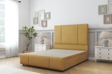 Sloomy Lisbon Mustard Plush Divan Bed Base No Drawers With 54 Inch Floor Standing Headboard & 12 Inch Matching Footboard | Gold | Mustard | Small Double | 1