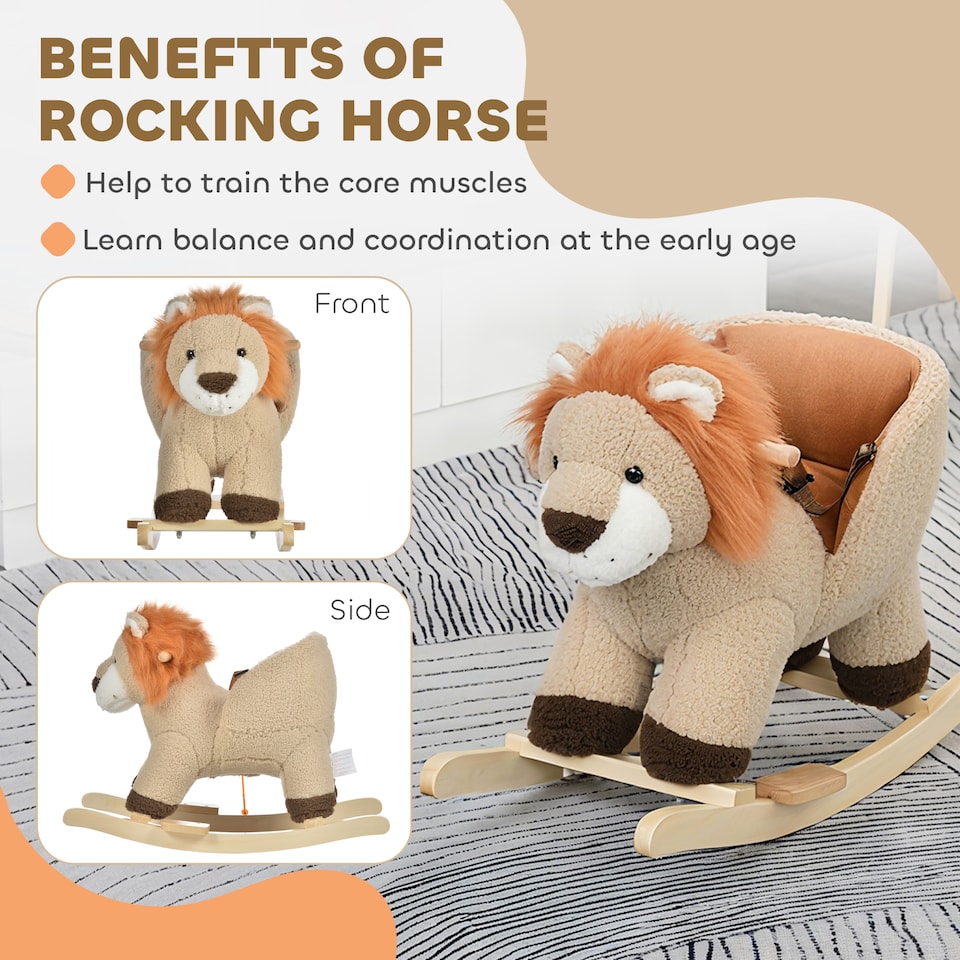 image 1 of HOMCOM Kids Rocking Lion Plush Ride On with Sound Wood Base Seat Belt, Brown