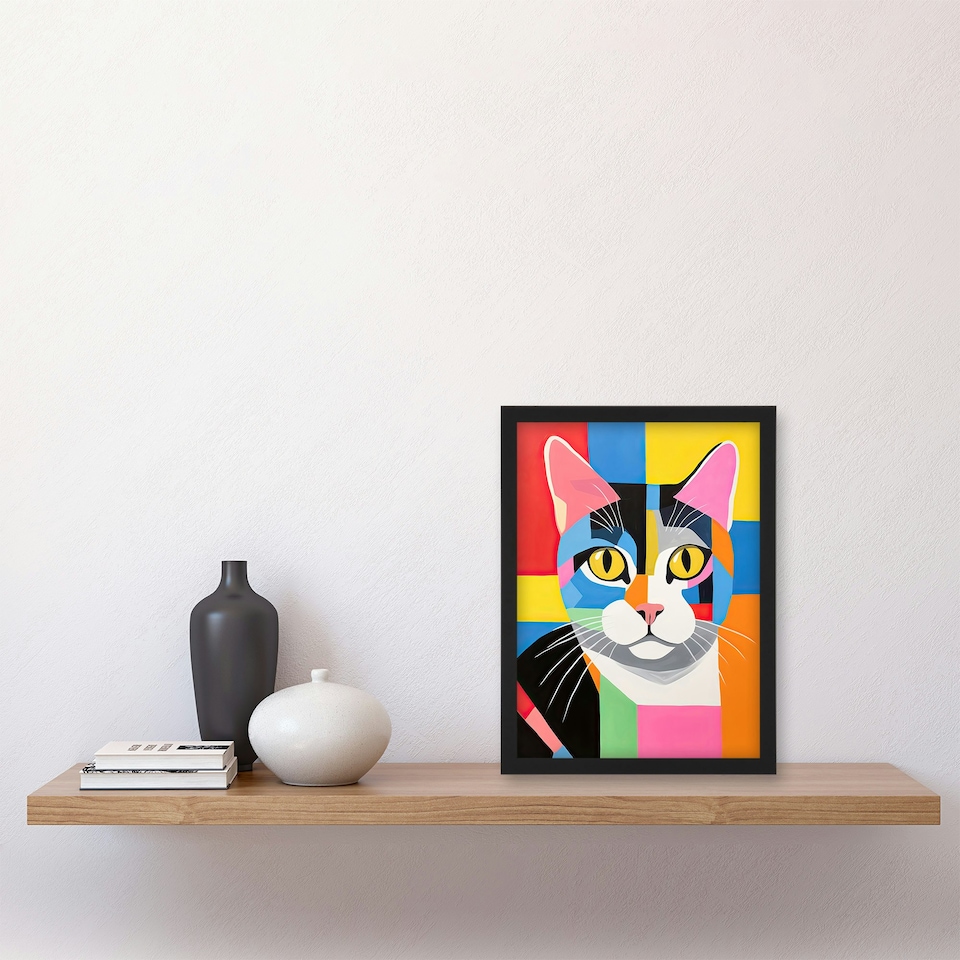image 1 of Fun Abstract Pop Art Tabby Cat Vibrant Home Decor Black Framed Wall Art Print A4