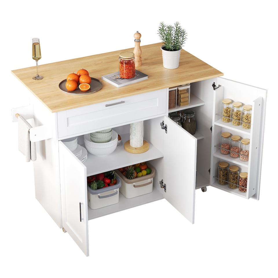 image 1 of VILUXE Mobile Kitchen Island with Foldable Worktop, Drawer, Adjustable Cabinets, 3 Door Spice Racks, Towel Rail and 5 Wheels, White and Natural Wood