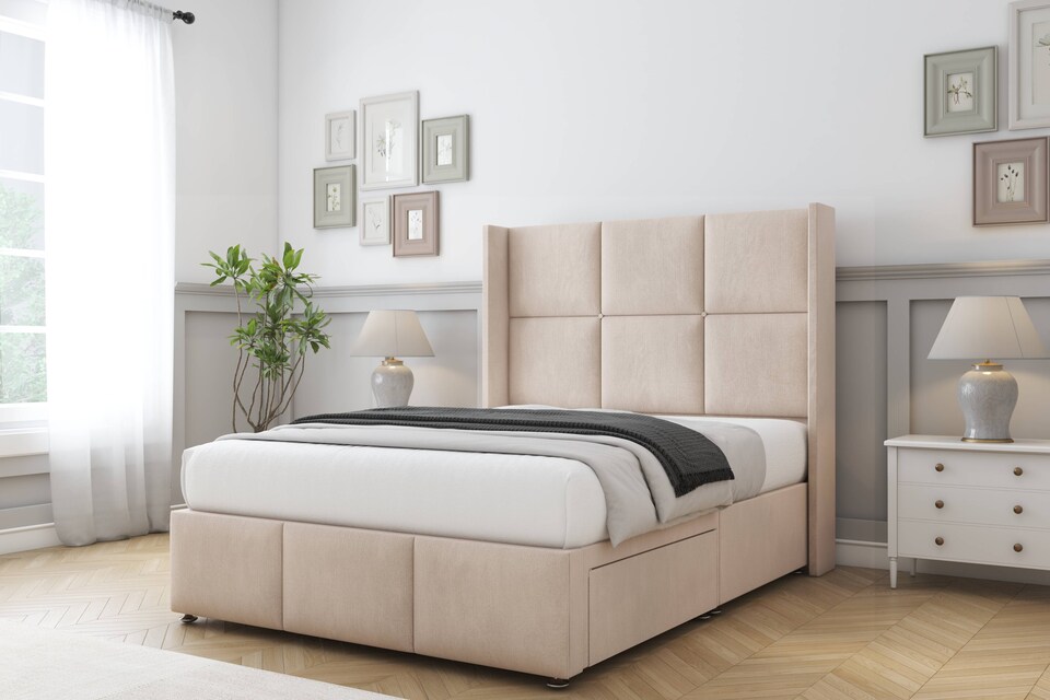 image 1 of Sloomy Beaumont Sand Naples Divan Bed With Mattress No Drawers With 54" Wingback Headboard & 12" Matching Footboard 4' Small Double | Cream | Sand | Small Double | 1