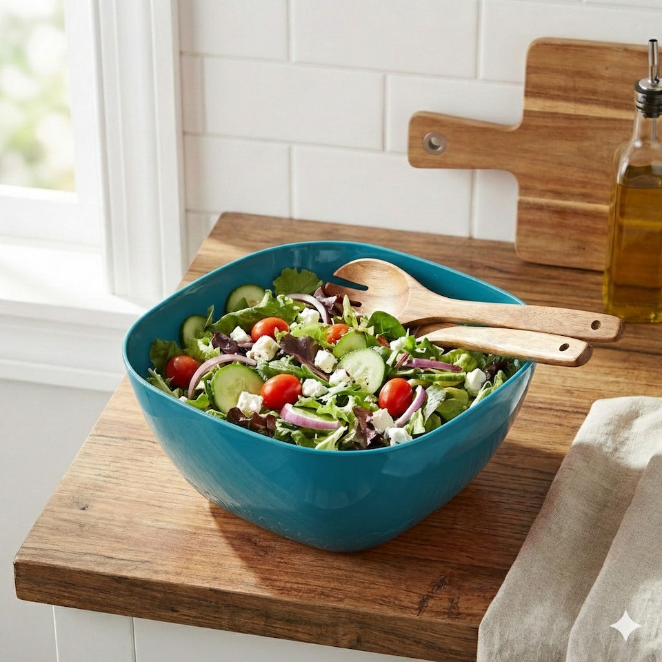 image 1 of Large Durable Plastic Salad Serving Bowl Microwave Dishwasher Food Safe | Multi | Teal | 1