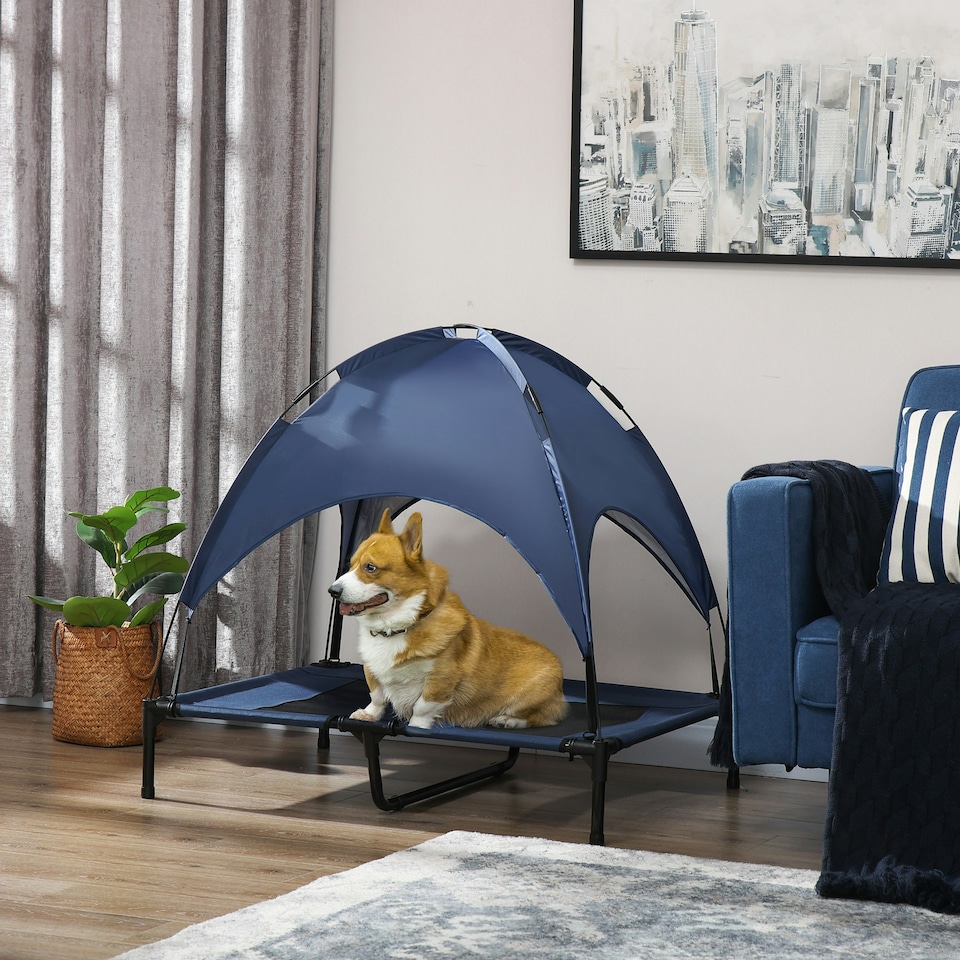 image 1 of PawHut 92cm Elevated Dog Bed Cooling Raised Pet Cot UV Protection Canopy Blue