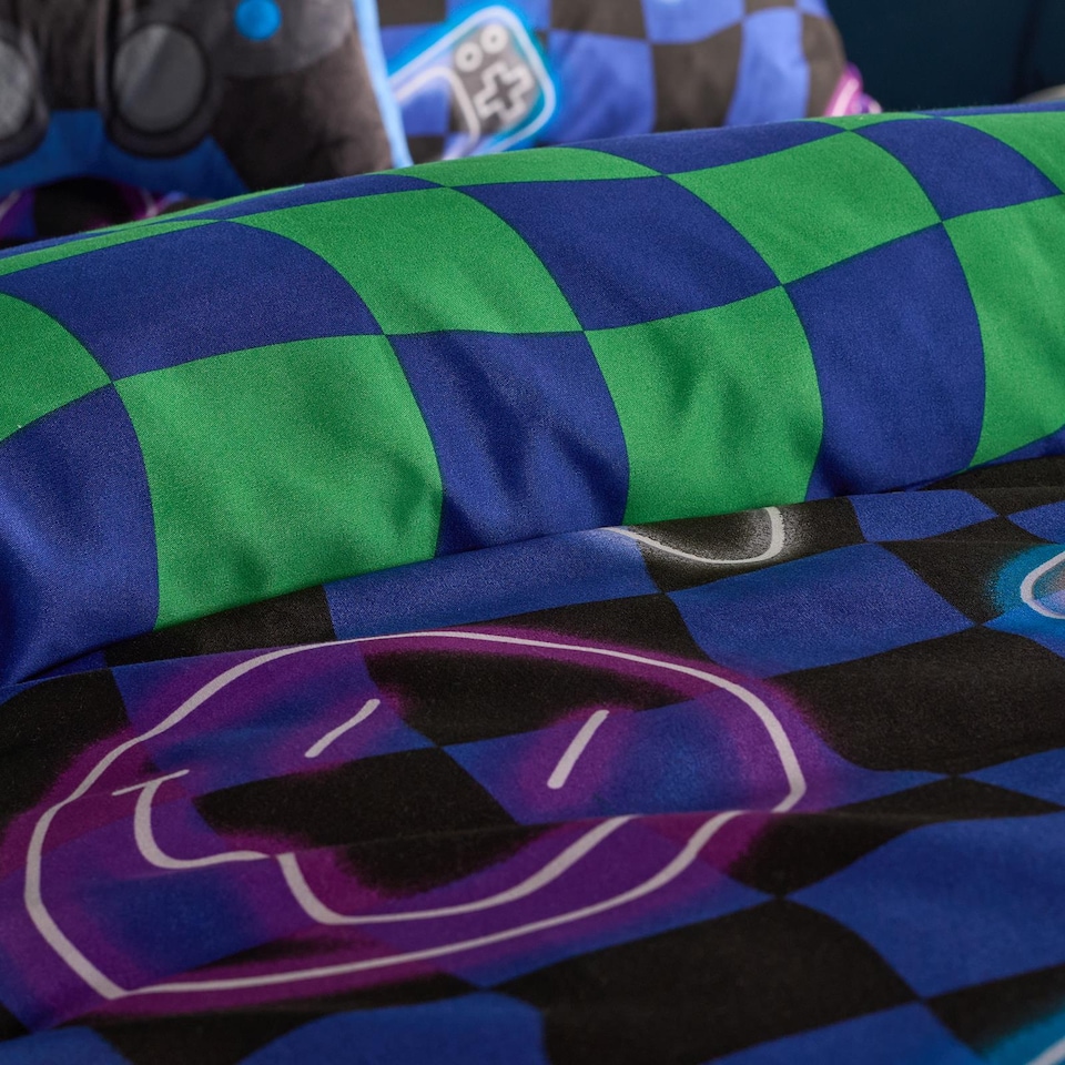 image 1 of OHS Kids Neon Checkerboard Bedding Set Duvet Cover with Pillowcase | Blue | Blue | Single