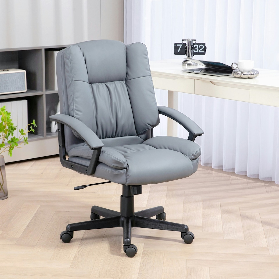 image 1 of HOMCOM Faux Leather Home Office Chair Mid Back Desk Chair with Arms Light Grey