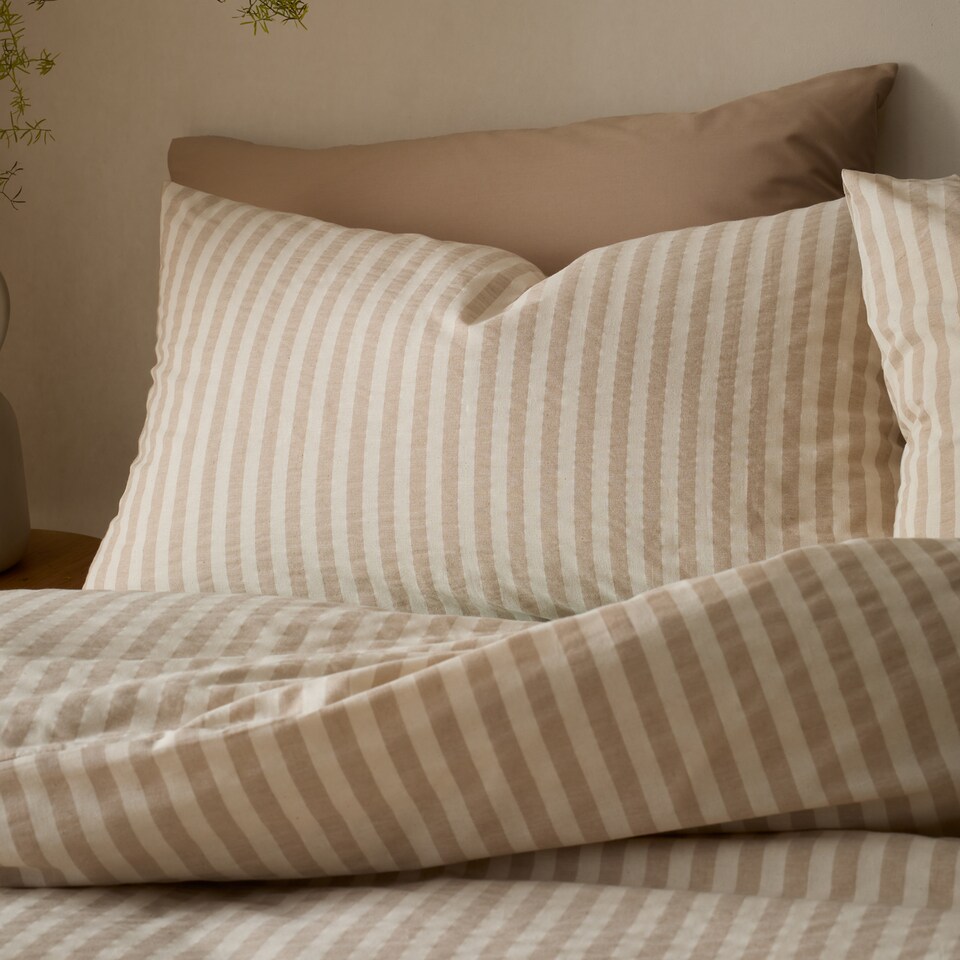 image 1 of Pineapple Elephant Cotton Rich Woven Stripe Duvet Cover Set | Cream | Natural | Super King