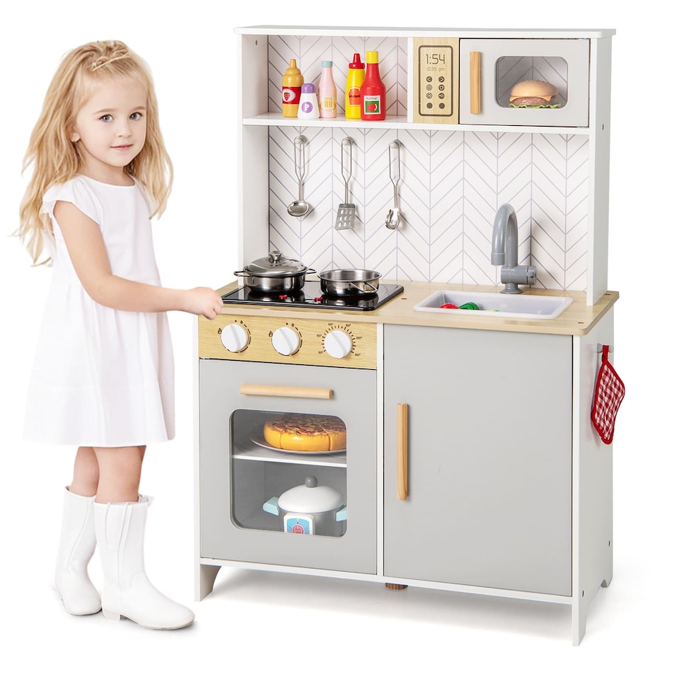 image 1 of COSTWAY Kids Kitchen Playset Pretend Play Kitchen Set with Sounds-White