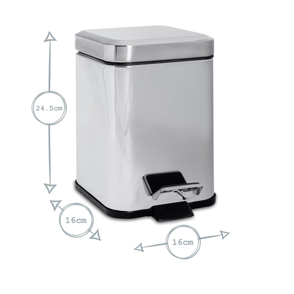 image 1 of Harbour Housewares 2x Bathroom Pedal Bins - 3L - Brushed - Square Stainless Steel Slim Rubbish Dustbin Lid and Inner Liner Bucket