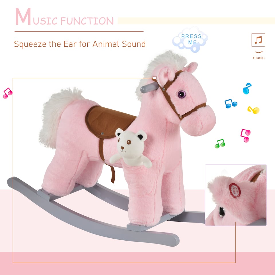 image 1 of HOMCOM Kids Plush Ride-On Rocking Horse Toy Rocker with Plush Toy Realistic Sounds for Child 18-36 Months Pink