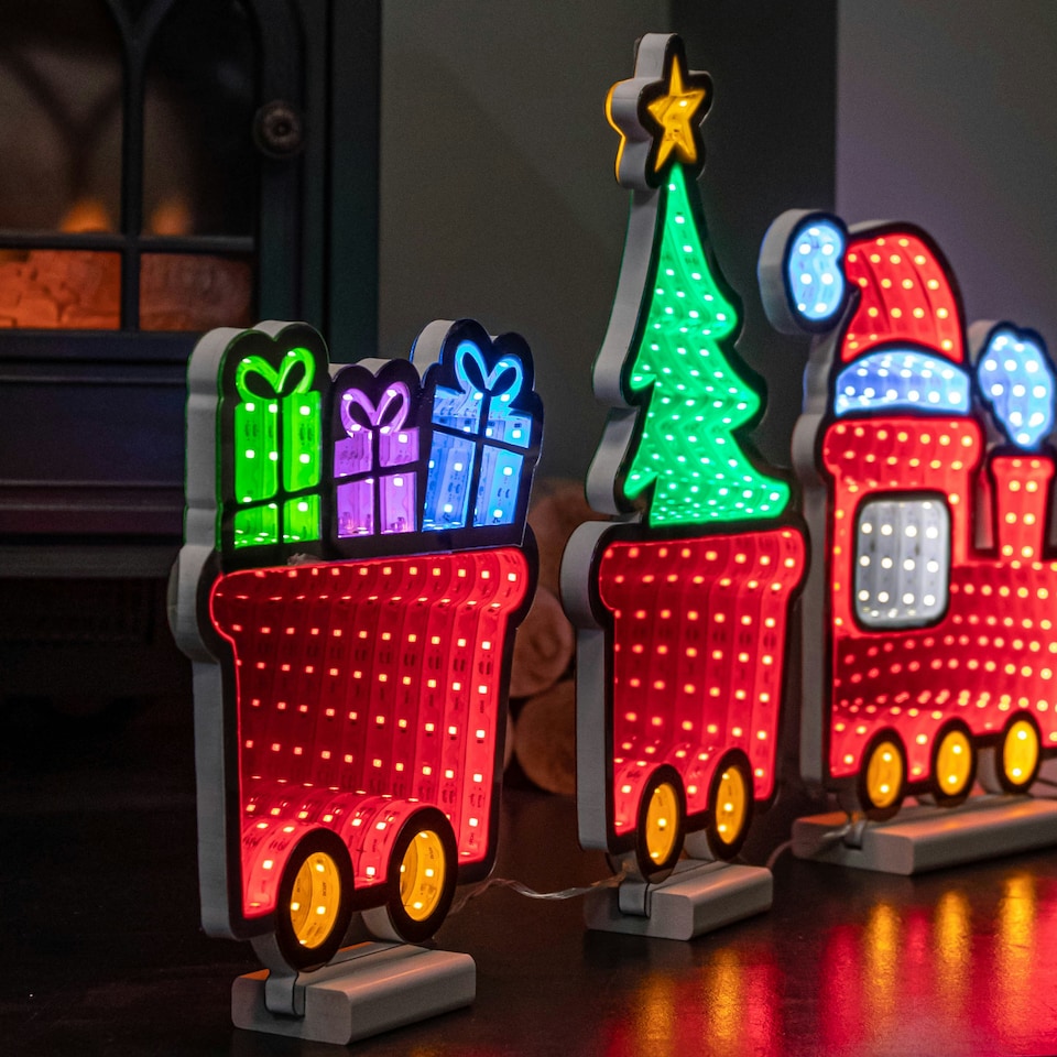 image 1 of 70cm Infinity Christmas Train with 2 Carriages on Wood Base and Multi-Coloured LEDs