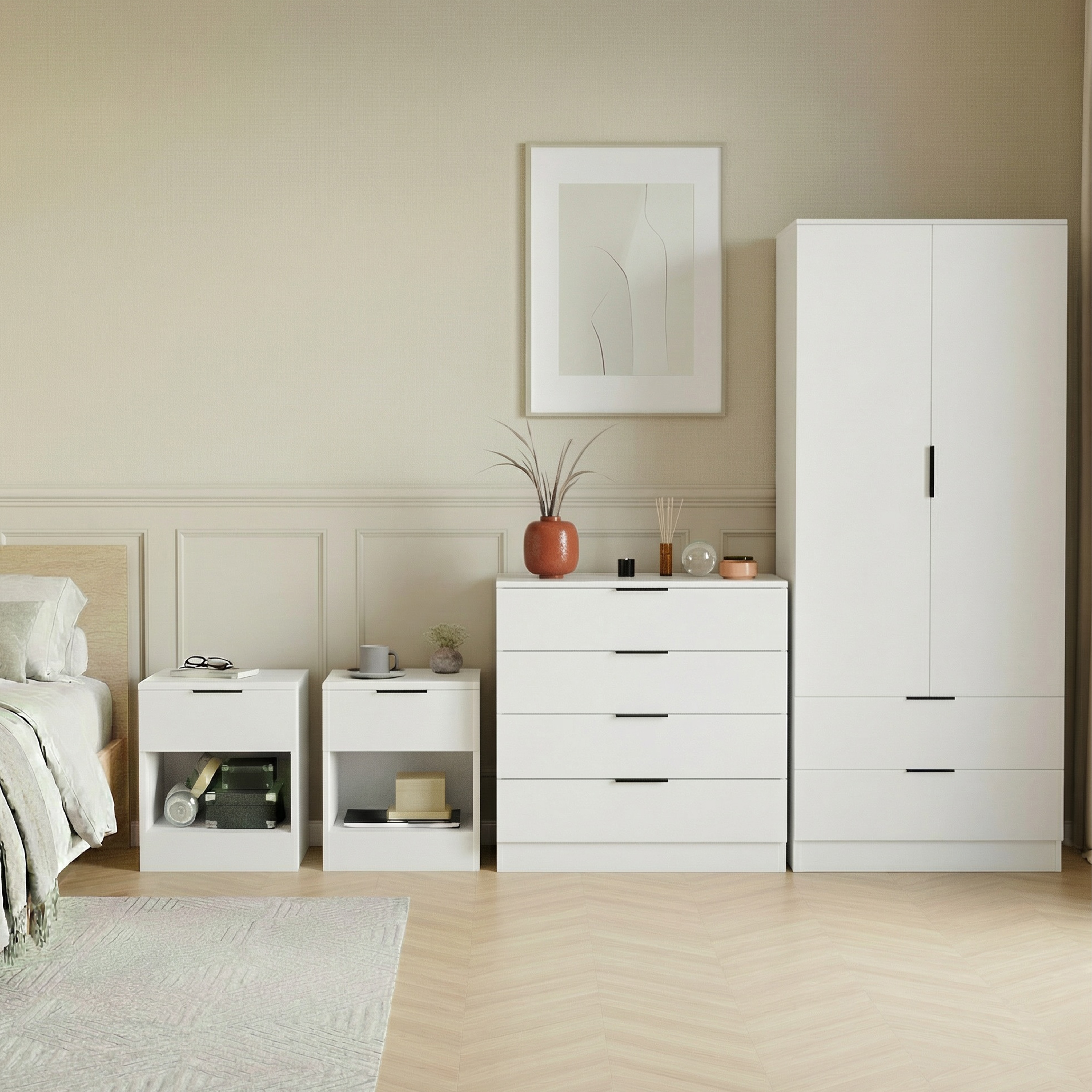 Vida Designs Trega 4 Piece Bedroom Set (1 Drawer Bedside Chest x2, 4 Drawer Chest, 2 Door 2 Drawer Wardrobe) White