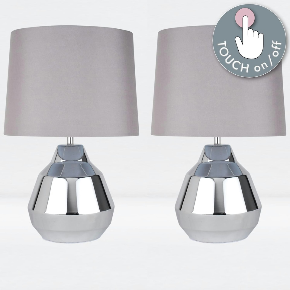 image 1 of First Choice Lighting Pair of Polished Chrome 39cm Touch Lamps with Grey Shades Chrome | Grey
