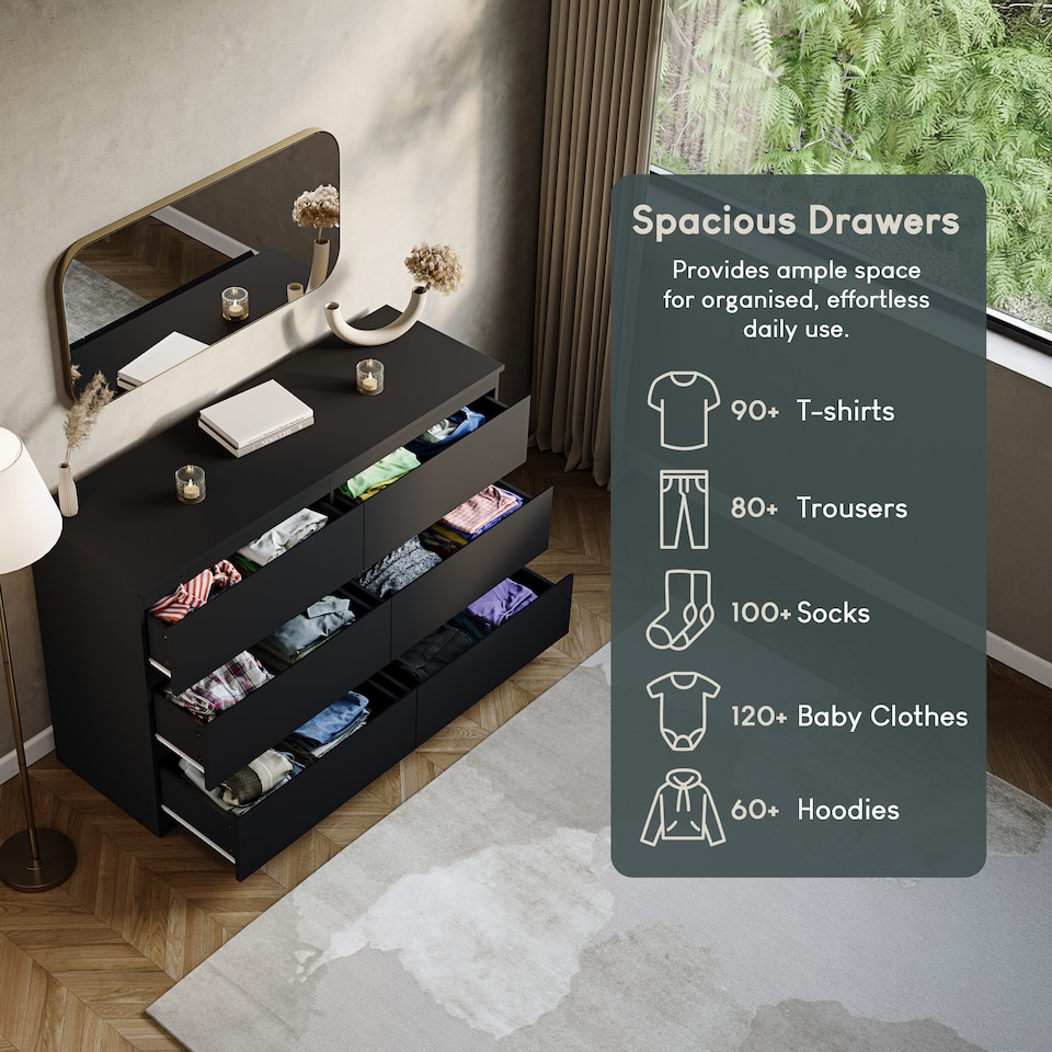 image 1 of Vida Designs Denver 6 Drawer Chest of Drawers Bedroom Storage, Black