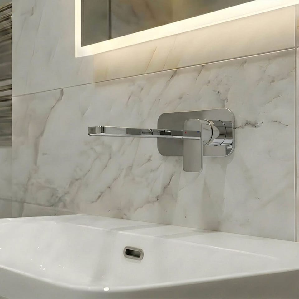 image 1 of Balterley Square Wall Mount 2 Tap Hole Basin Mixer Tap & Back Plate - Wall Mounted 2 Tap Hole Basin Mixer Tap | Silver | Chrome | 1