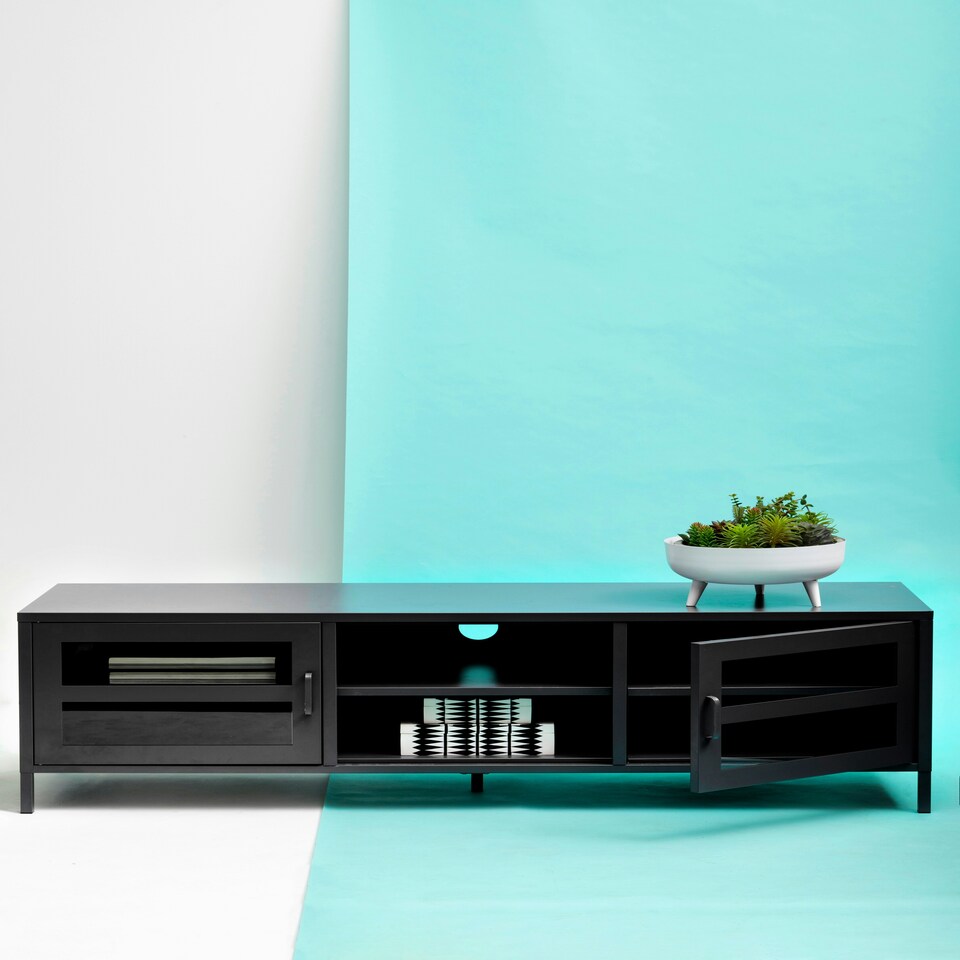 image 1 of Interiors by Premier Industrial Design Two Door Black Media Unit, Durable Construction Of TV Stand, Versatile Modern TV Cabinet | Black