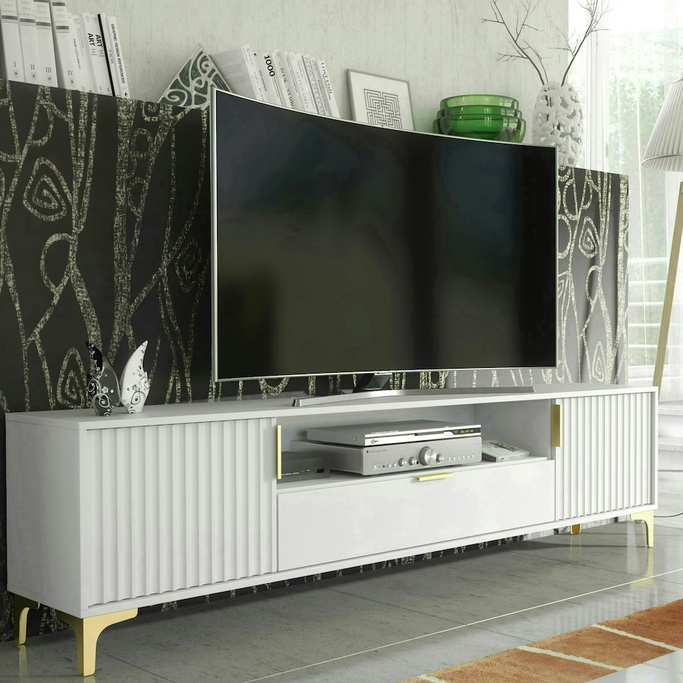 image 1 of TV Unit 200cm White with Fluted Doors, Gold Details and Drawer White