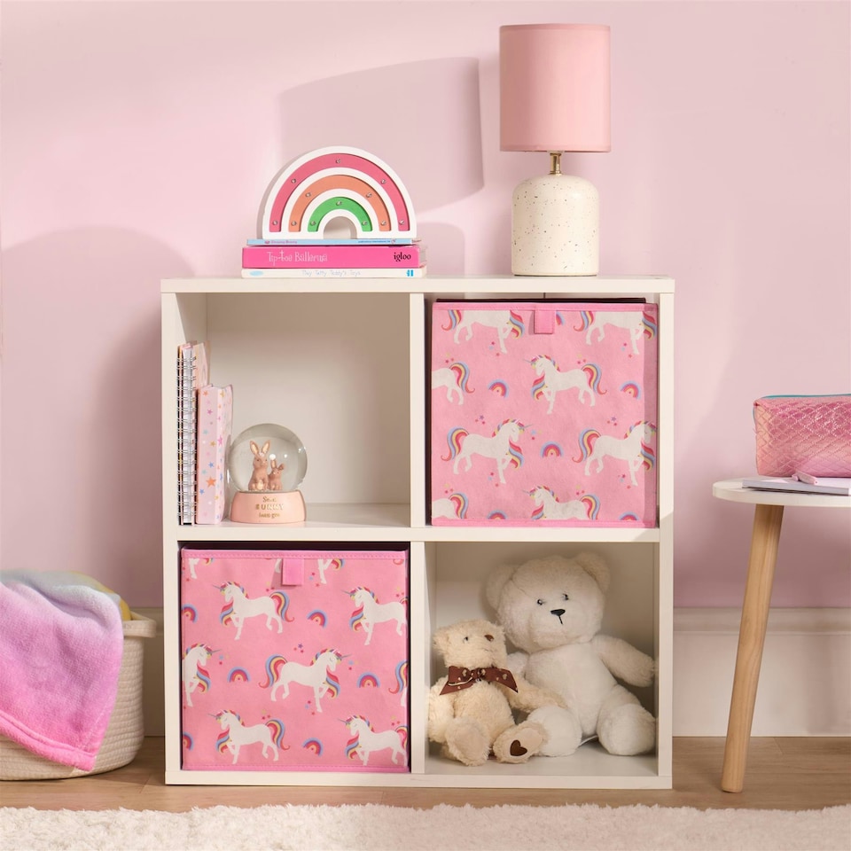 image 1 of OHS 4 Pack Folding Storage Unicorn Print Cubes Space Saving Home Bedroom Clothes Toy Organiser Pink