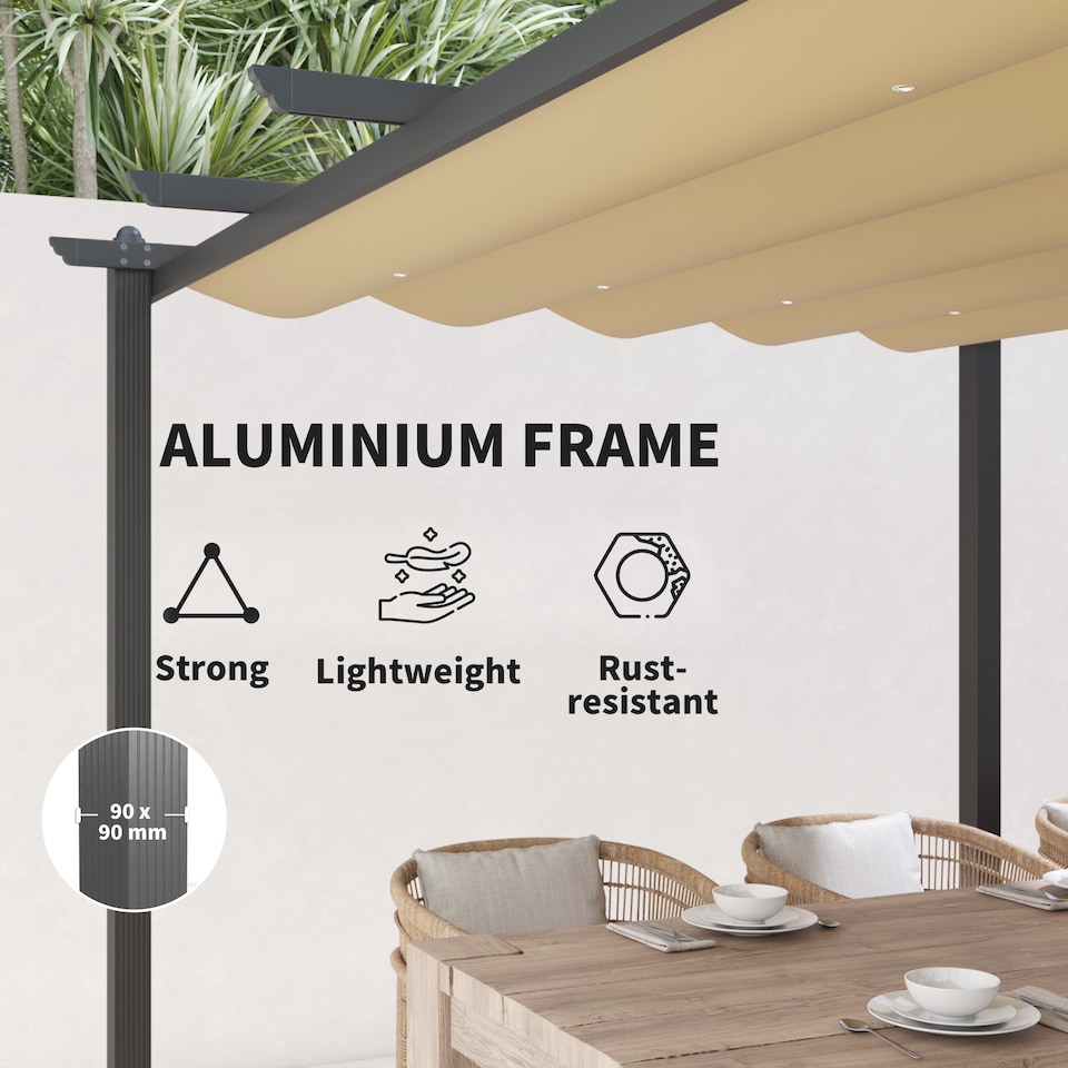 image 1 of Outsunny 3 x 4m Aluminium Pergola with Retractable Roof, Garden Gazebo Khaki | Brown | 1