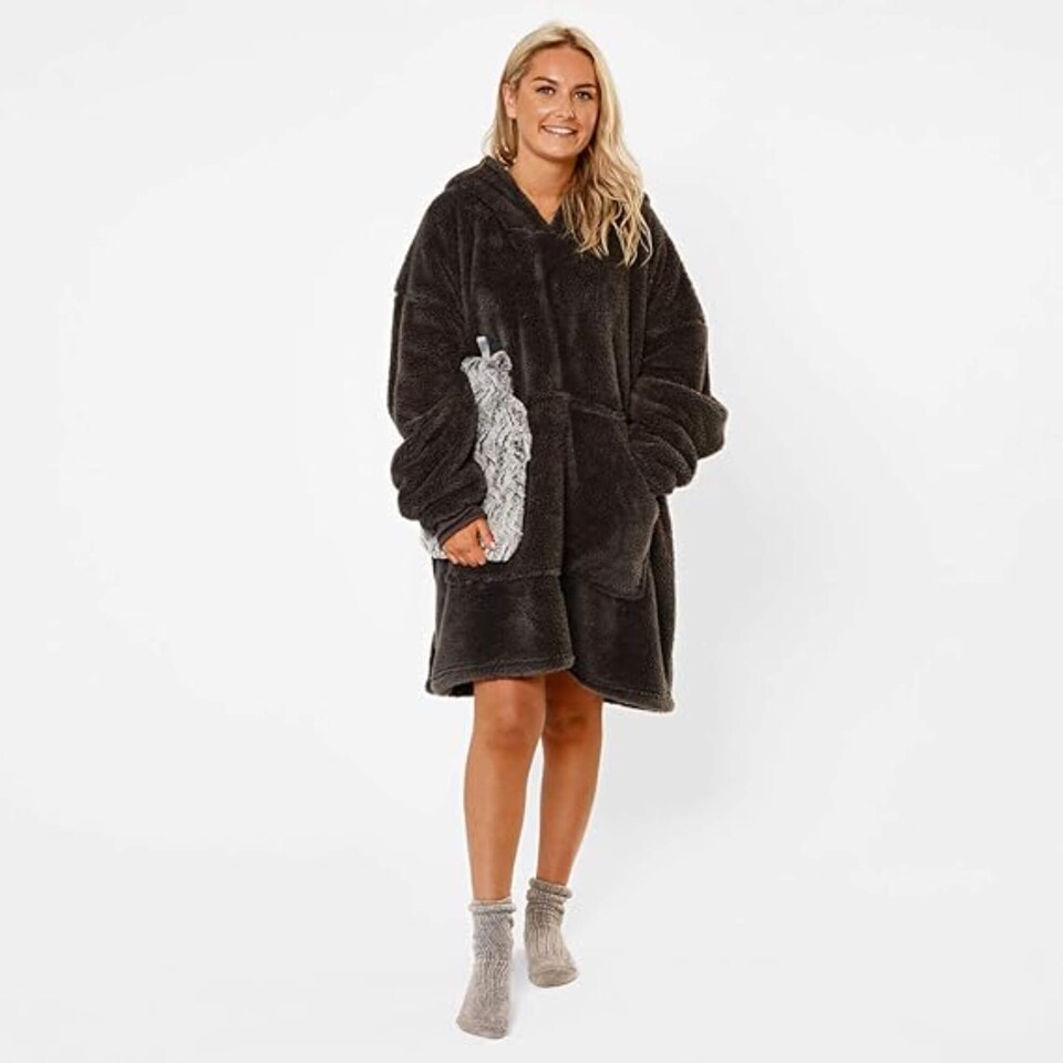 image 1 of Brentfords Oversized Teddy Fleece Wearable Hoodie Blanket Charcoal Grey