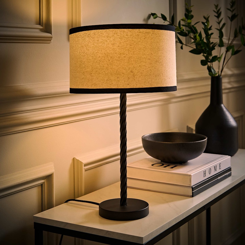 image 1 of ValueLights Maura Black Twist Table Lamp Black Trim Shade & Bulb | Black