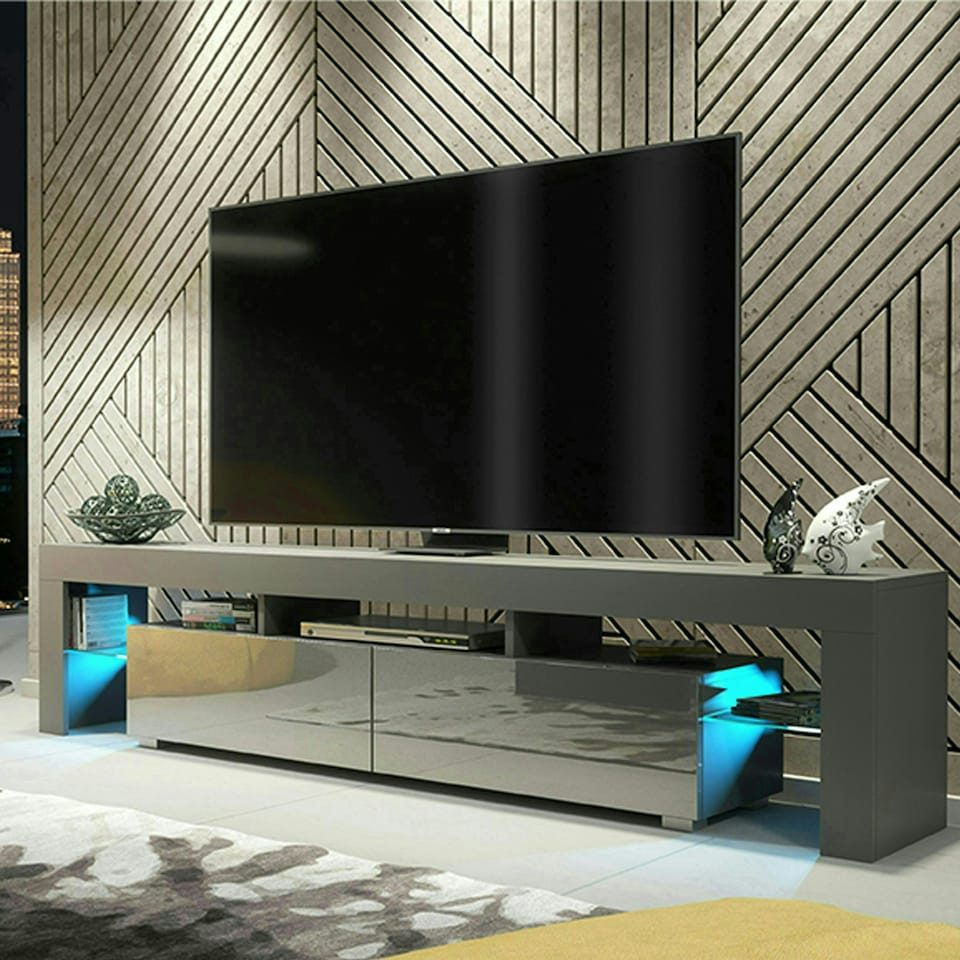 image 1 of TV Unit 200cm Grey Gloss Doors Grey Matt Frame Modern Media Cabinet Grey