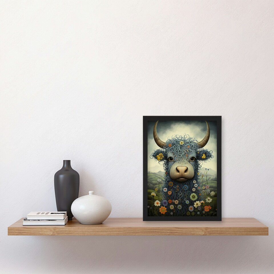 image 1 of Blue Highland Cow Wildflower Meadow Fun Girls Bedroom Black Framed Wall Art Print A4