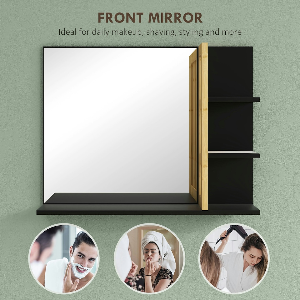 image 1 of HOMCOM Bathroom Mirror Wall Mount Vanity Mirror with 4 Storage Shelves, Black