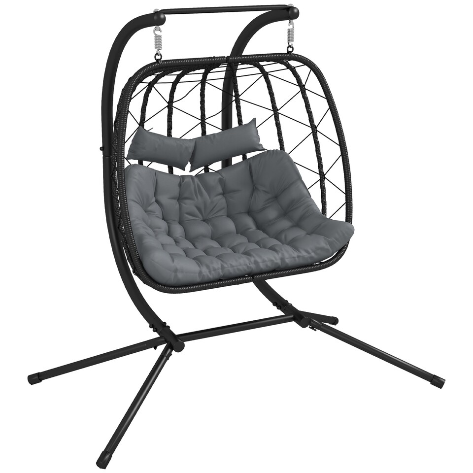 image 1 of Outsunny Outdoor PE Rattan 2 Seaters Swing Chair with Thick Padded Cushion, Patio Hanging Egg Chair with Metal Stand, Headrest, for Indoor and Outdoor, Black